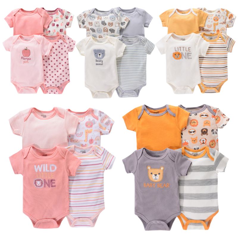 Body Infantil Manga Curta Unissex com Estampa e sem Estampa - Conjunto com 4 Unidades