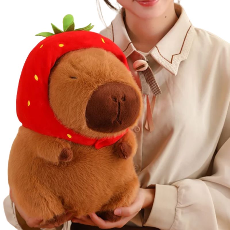 Capivara de Pelúcia com Capuz de Morango e Mochila de Tartaruga