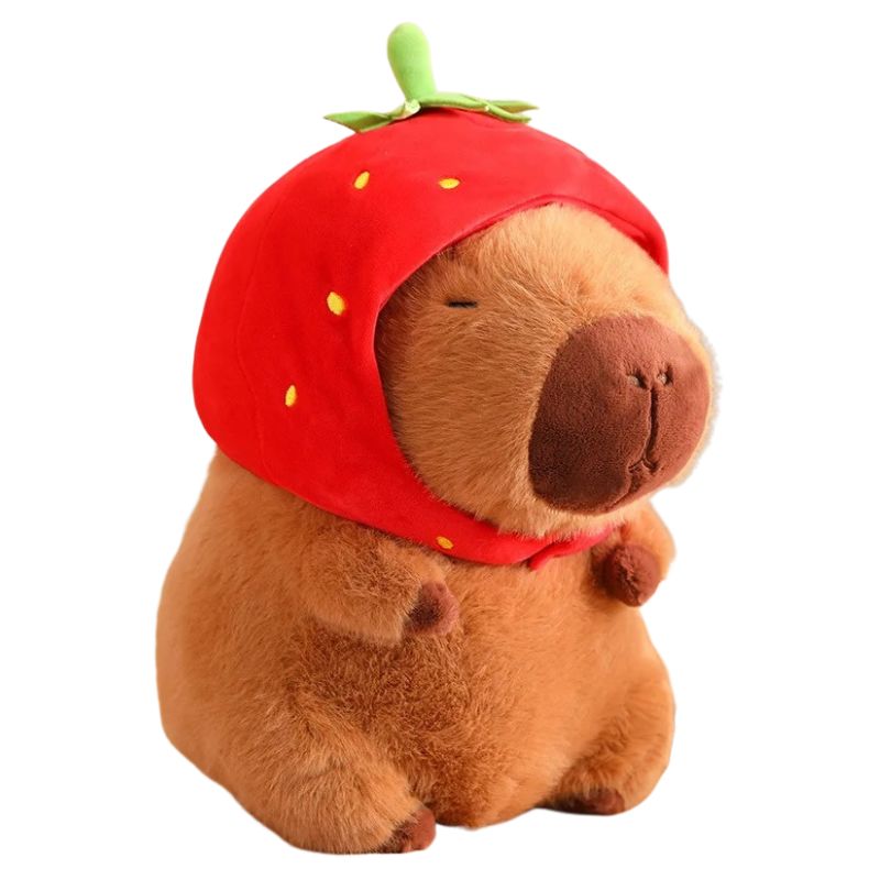Capivara de Pelúcia com Capuz de Morango e Mochila de Tartaruga